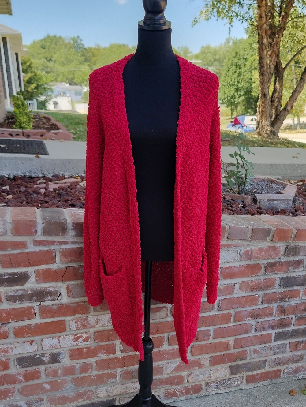 Zenana Popcorn Knit Long Pockets Open Front Duster Cardigan Size L Loungewear